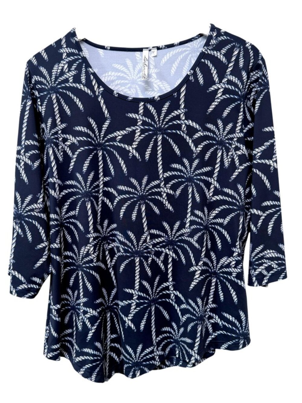 Lulu B Women's Top Large Navy Blue Tropical Palms Stretch Jersey Tee Preppy NWOT